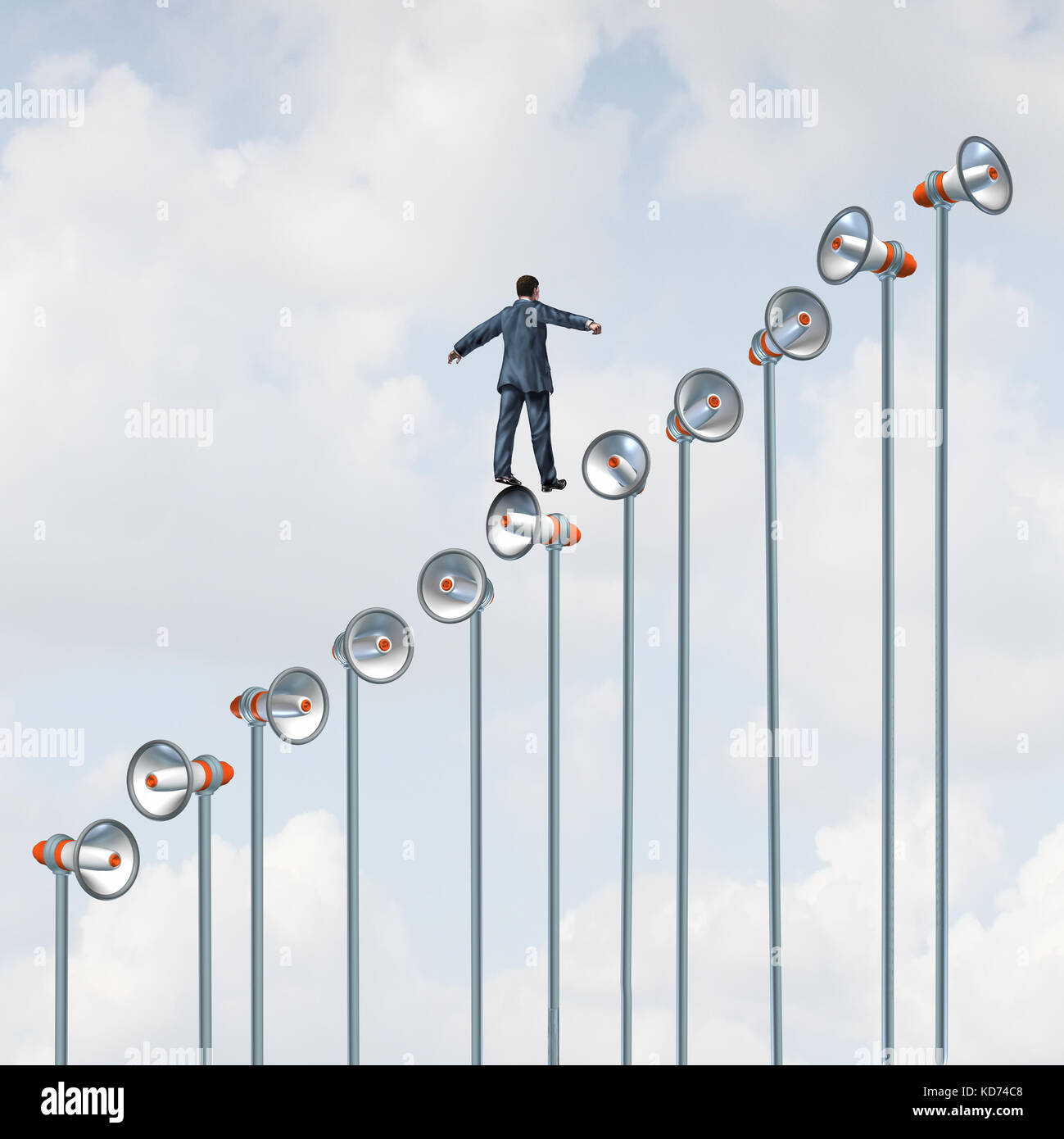 Marketing communication improvement as a businessman climbing a group og megaphone poles as a business promotion metaphor with 3D illustration. Stock Photo