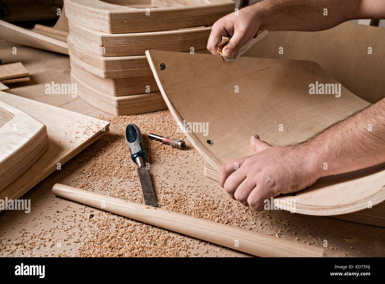 Set of carpenters tool on the wood and shavings Stock Photo