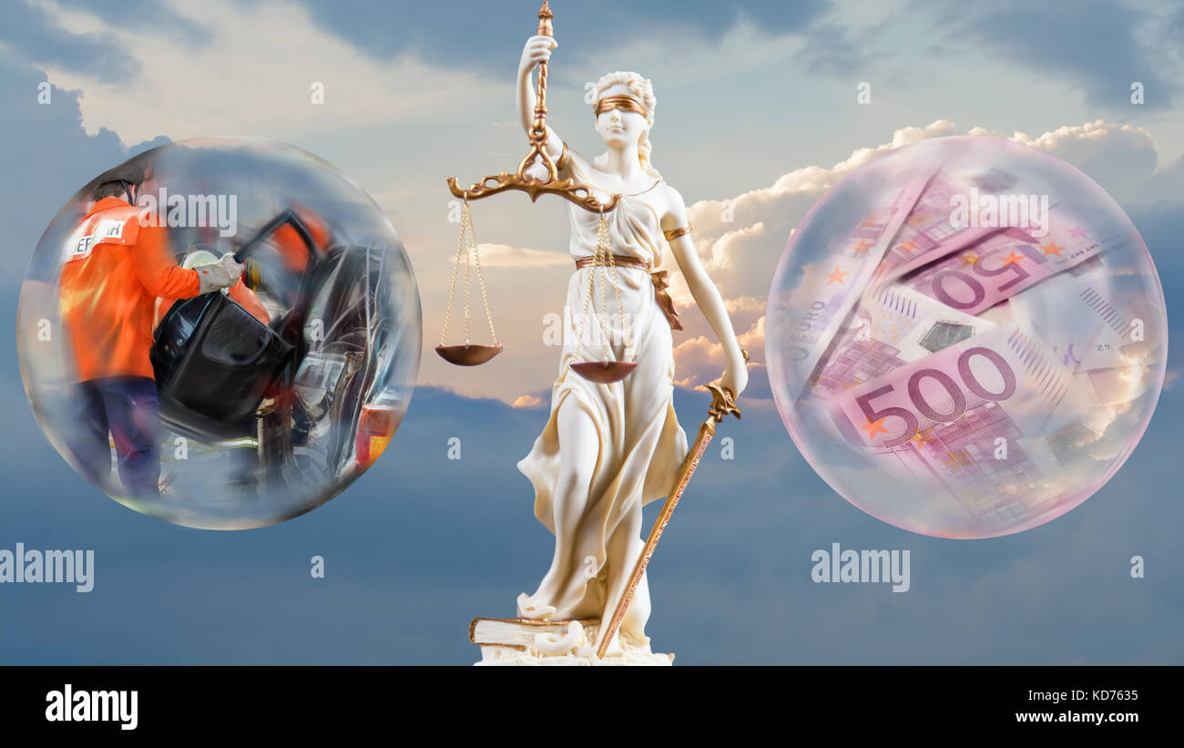 Justice figure in front of sky, glass sphere with accident and glass sphere with a lot of money Stock Photo