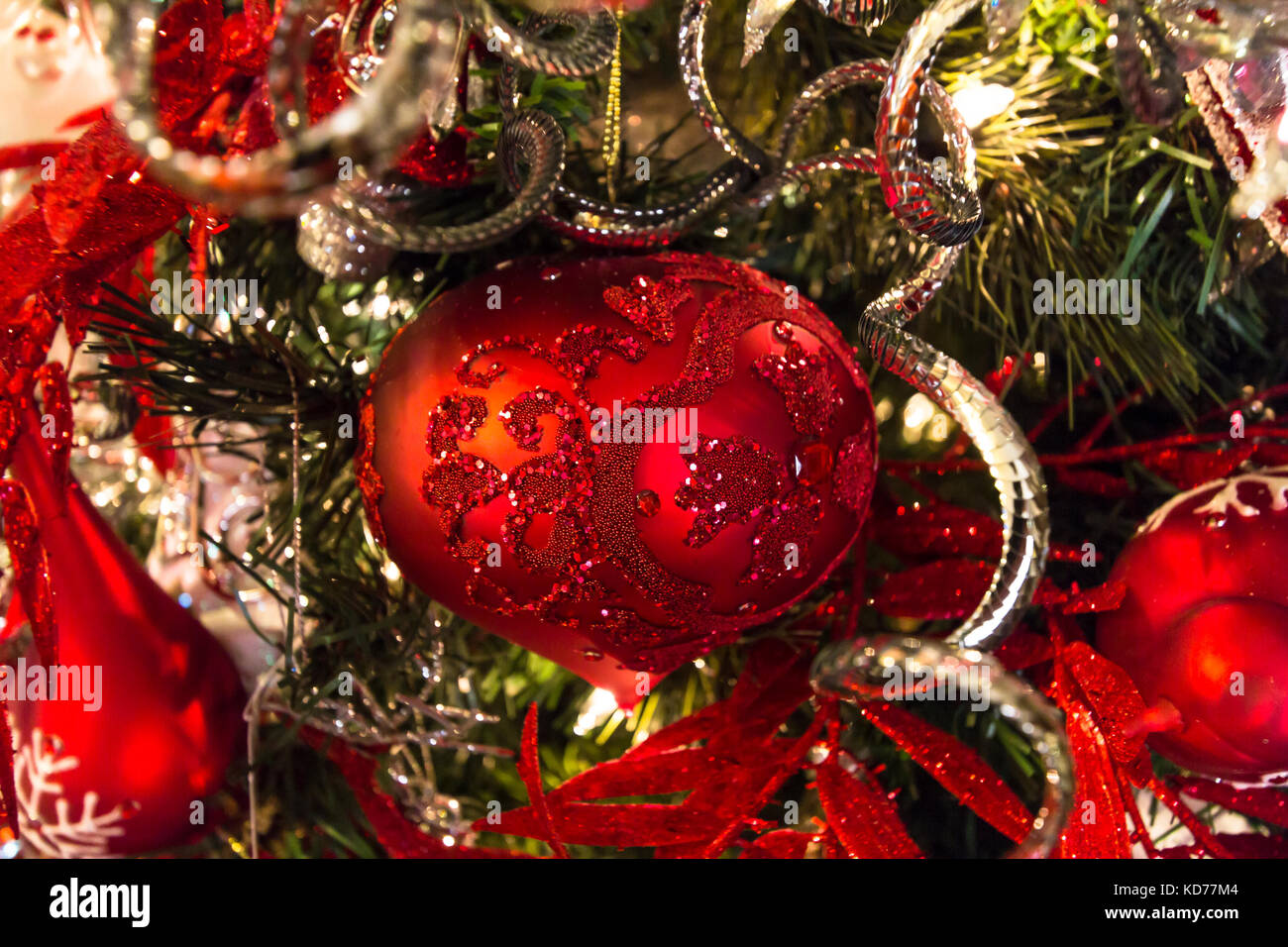 White, red and green Christmas decorations. Stock Photo