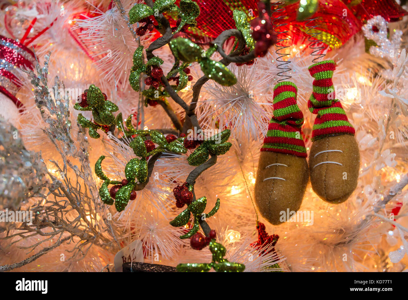 White, red and green Christmas decorations. Stock Photo
