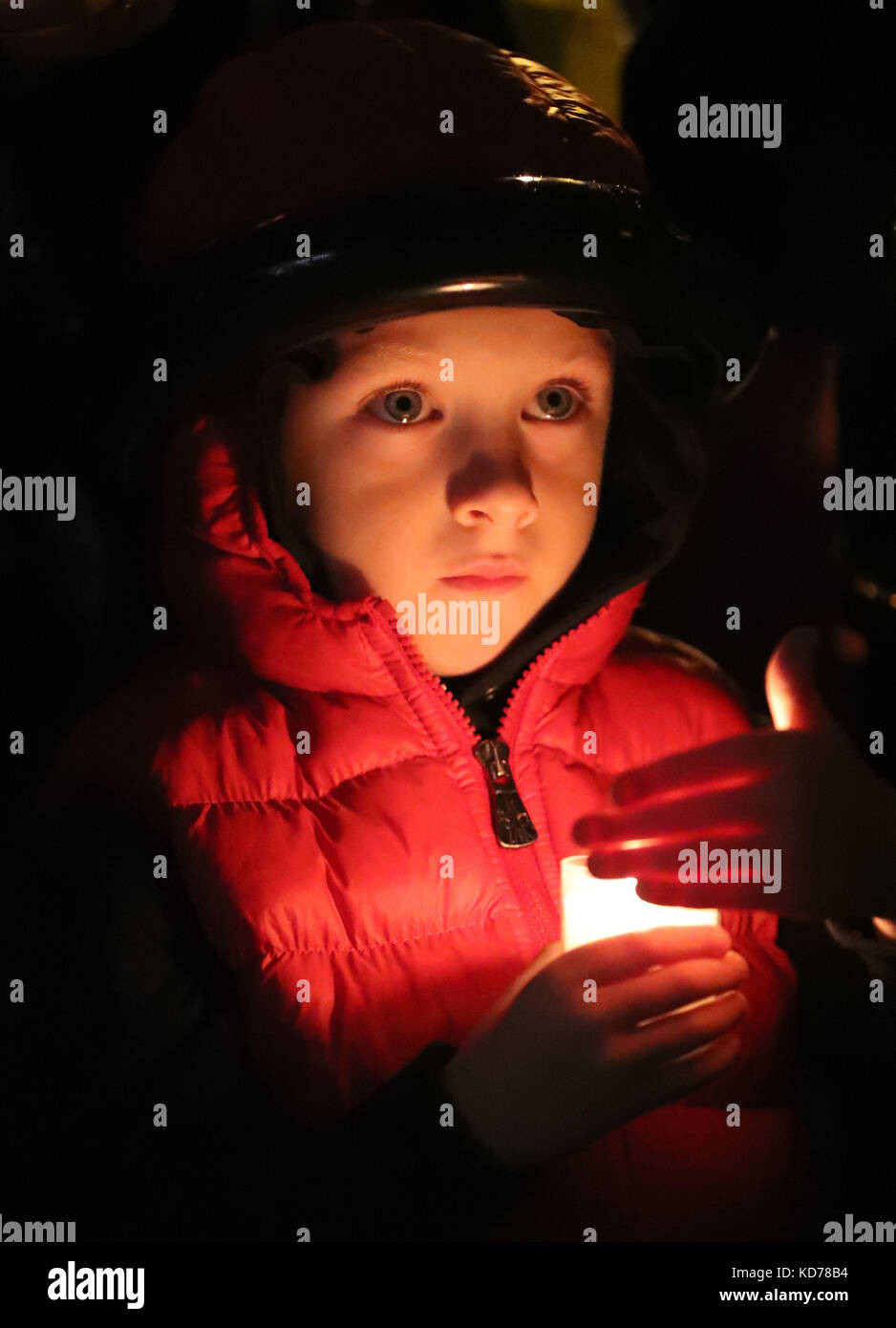 Brax Byrne, 5, taking part in a 'Light the Liffey' protest in Dublin, a annual awareness campaign lead by Inner City Helping Homeless, using over 3000 lanterns to highlight the number of homeless children in Ireland. Stock Photo