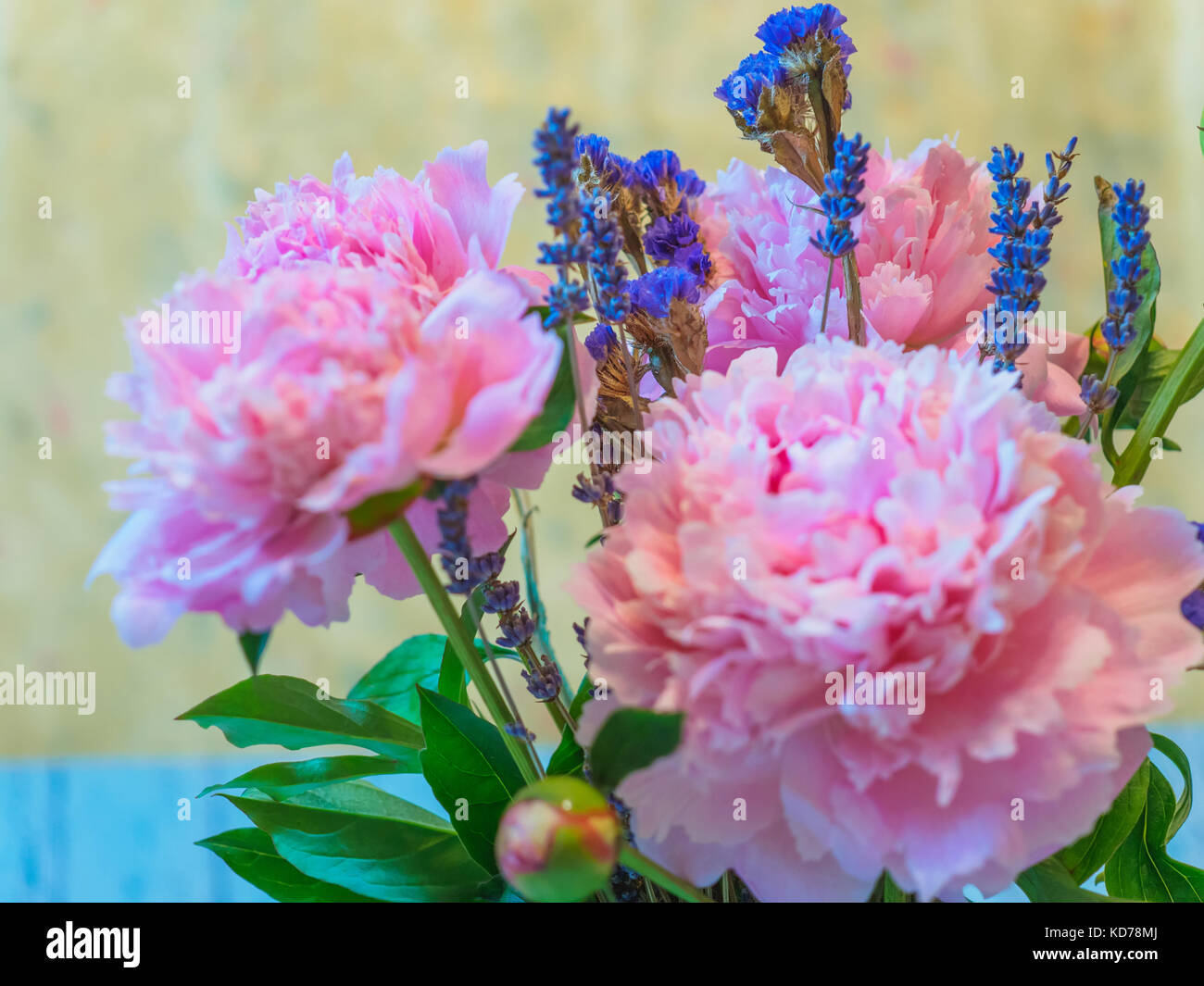 A bouquet of beautiful pink peony and lavender flowers against blurred background. Stock Photo