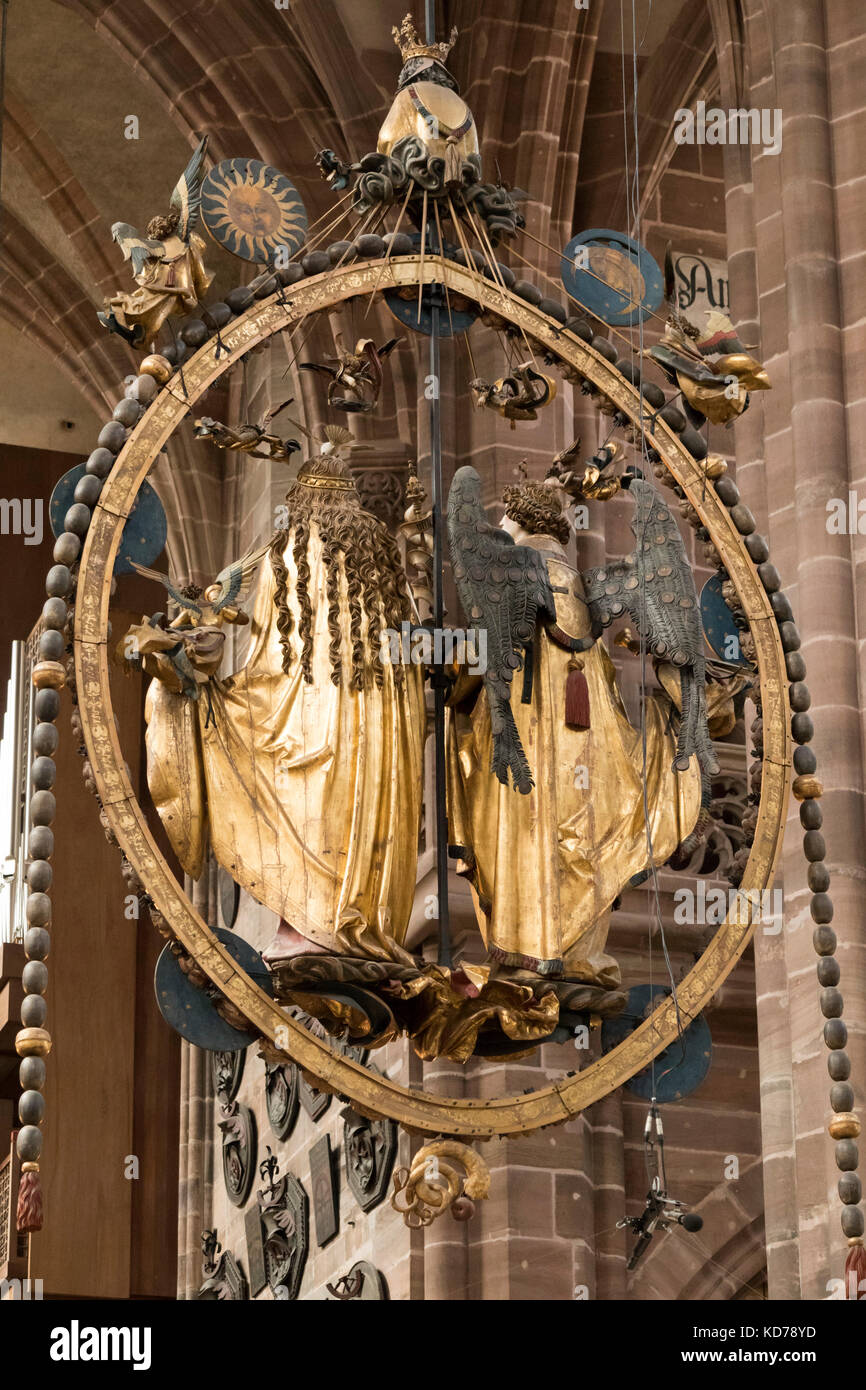 rear of Annunciation  or Angelic Salutation, limewood sculptures by Veit Stoss, 1518, church of  St. Lorenz Nuremberg, Bavaria, Germany Stock Photo