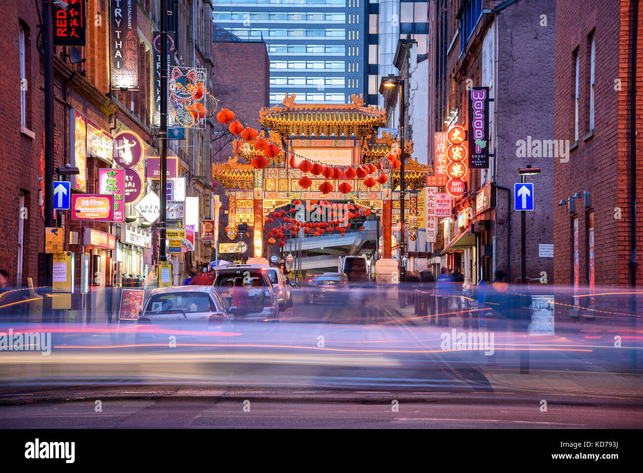 China Town gate with green and golden decoration and painted panels at Manchester city center, one of the largest in the UK and Europe. Stock Photo