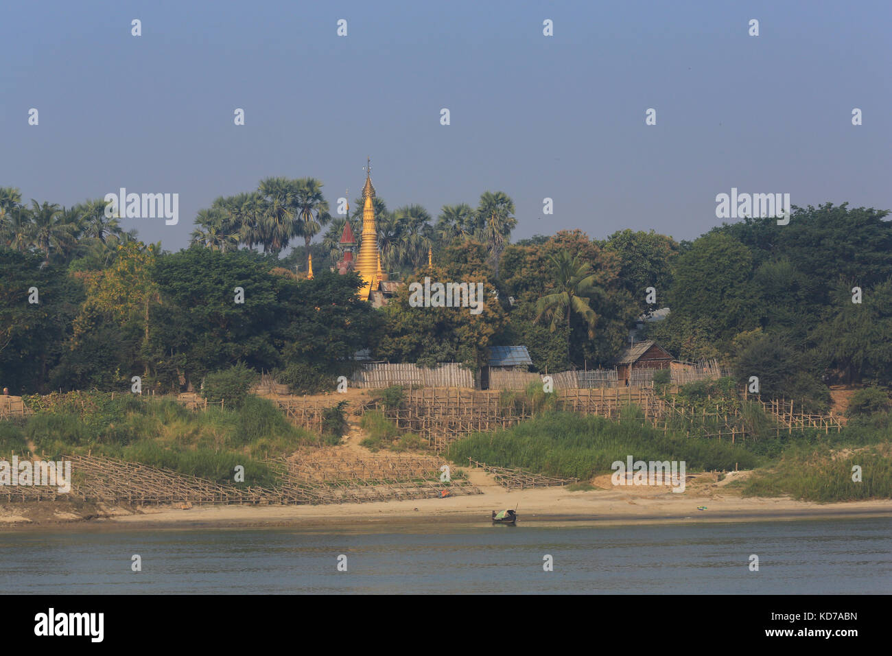 Timber crib bank protection works on an outside bend of the Irrawaddy River in the Mandalay Region of Myanmar (Burma). Stock Photo