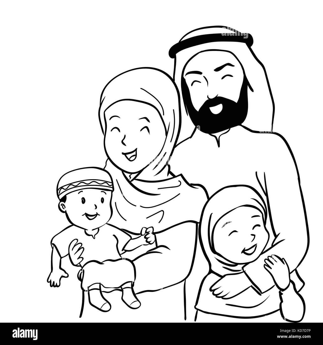 Hand drawn of Happy Muslim family. Father, mother, son and daughter together. Vector illustration Cartoon design Stock Vector