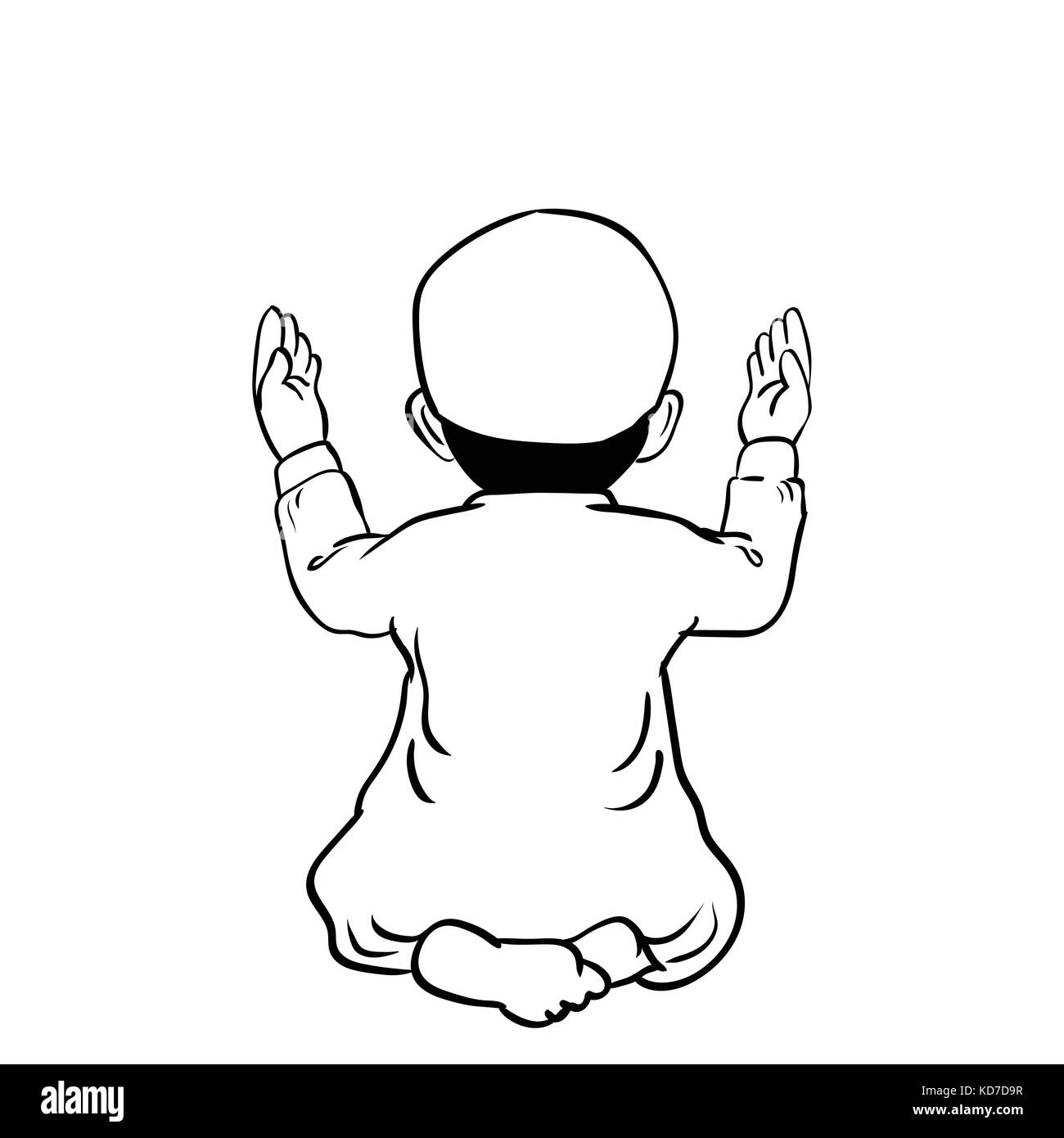 Hand drawn Muslim Boy have a pray time with hands up in the air dua pose with back view. Vector Cartoon Illustration. Stock Vector