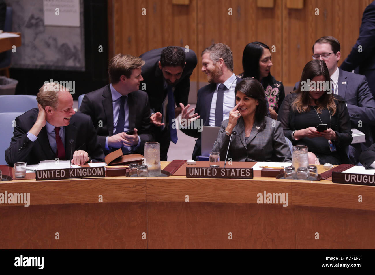 New York, NY, USA. 10th October,  2017. United Nations, New York, USA British UN Ambassador Matthew Rycroft and Nikki R. Haley, United States Permanent Representative to the UN During a Security Council meeting on Yemen today at the UN Headquarters in New York.Photo: Luiz Rampelotto/EuropaNewswire Credit: Luiz Rampelotto/ZUMA Wire/Alamy Live News Stock Photo