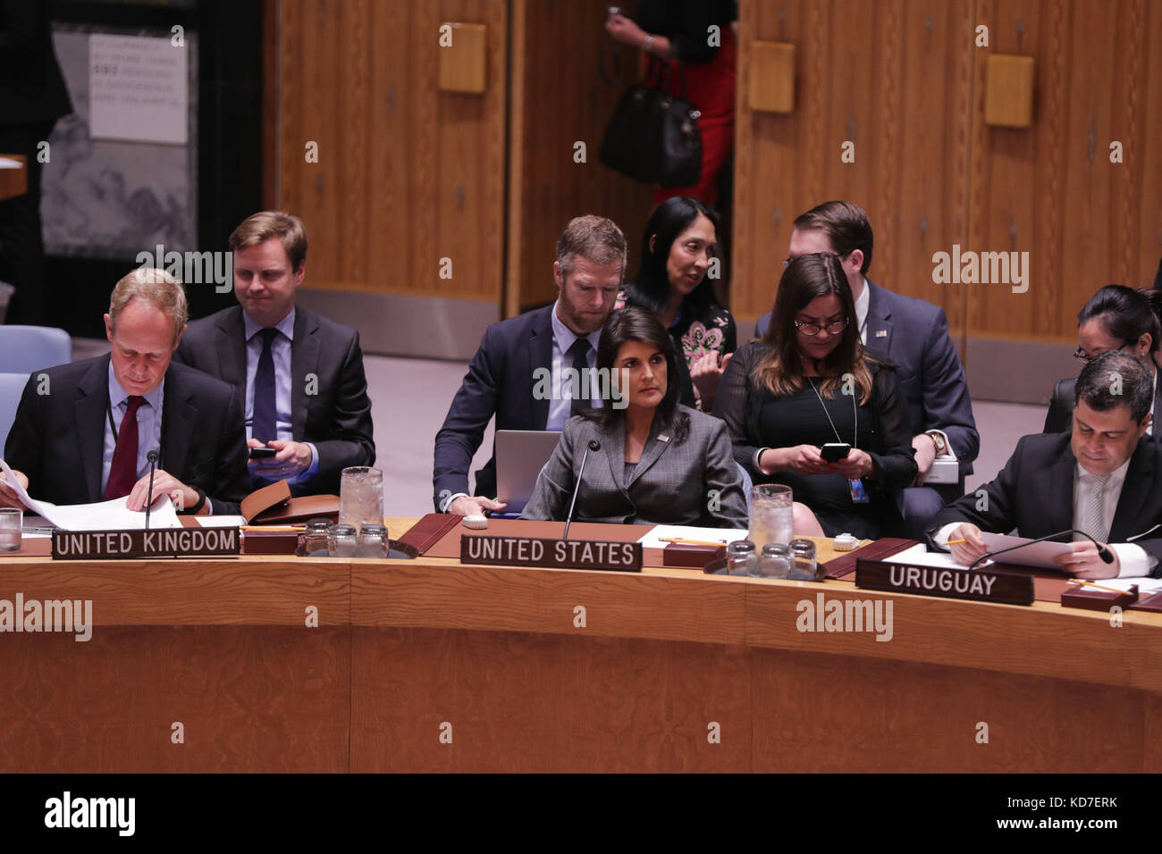 New York, NY, USA. 10th October,  2017. United Nations, New York, USA British UN Ambassador Matthew Rycroft and Nikki R. Haley, United States Permanent Representative to the UN During a Security Council meeting on Yemen today at the UN Headquarters in New York.Photo: Luiz Rampelotto/EuropaNewswire Credit: Luiz Rampelotto/ZUMA Wire/Alamy Live News Stock Photo