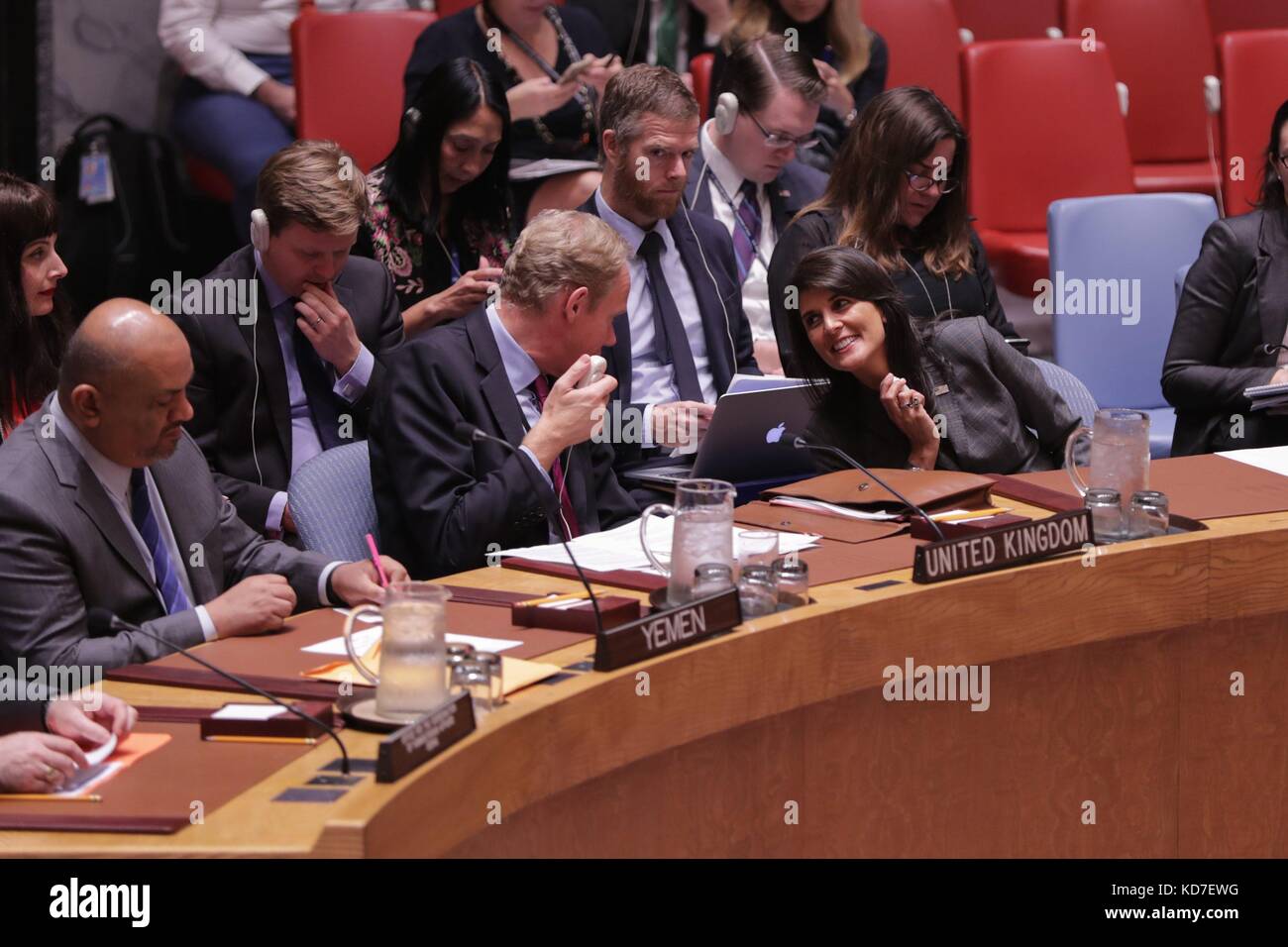 United Nations, New York, USA, October 10 2017 - British UN Ambassador Matthew Rycroft and Nikki R. Haley, United States Permanent Representative to the UN During a Security Council meeting on Yemen today at the UN Headquarters in New York. Photo: Luiz Rampelotto/EuropaNewswire | usage worldwide Stock Photo