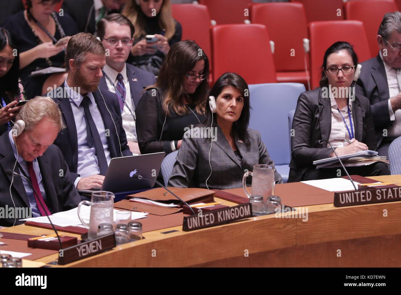 United Nations, New York, USA, October 10 2017 - British UN Ambassador Matthew Rycroft and Nikki R. Haley, United States Permanent Representative to the UN During a Security Council meeting on Yemen today at the UN Headquarters in New York. Photo: Luiz Rampelotto/EuropaNewswire | usage worldwide Stock Photo