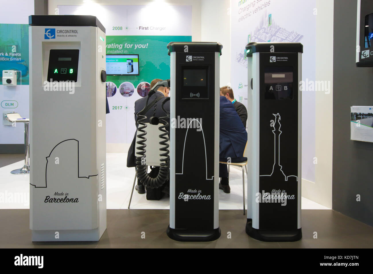 Stuttgart, Germany. 10th Oct, 2017. Charging points for electric vehicles ' made in Barcelona ' at the EVS30, Electric Vehicle Symposium and Exhibition. Credit: Juergen Schwarz/Alamy Live News Stock Photo