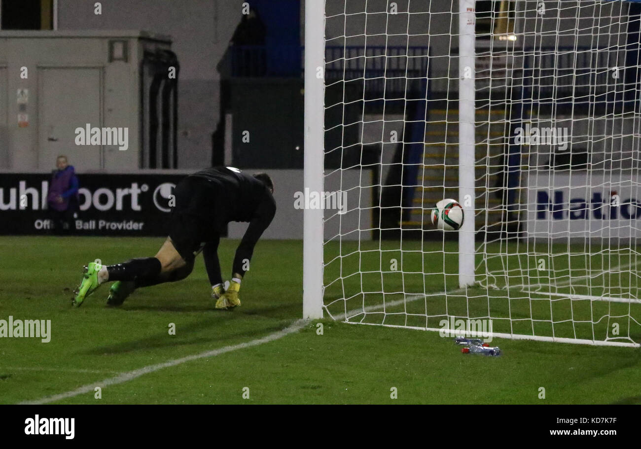 Lurgan, Northern Ireland, UK. 10th Oct, 2017. 2019 UEFA Under 21 Championship Qualifier - Group 2 - Northern Ireland 4 Estonia 2. Estonia goalkeeper Matvei Igonen cannot keep the ball out of the goal after it came down off the cross-bar and hit him on the back before going in. Credit: David Hunter/Alamy Live News Stock Photo