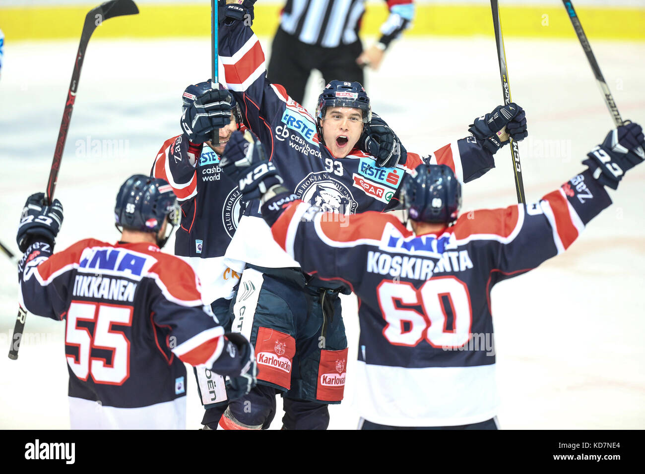 Zagreb, Croatia. 10th Oct, 2017. Mike Aviani(C) of KHL Medvescak celebrate with teammates after scoring a goal during the EBEL (Erste Bank Eishockey Liga) ice hockey league match between KHL Medvescak and EC VSV in Zagreb, Croatia, on Oct. 10, 2017. KHL Medvescak won 5-2. Credit: Igor Soban/Xinhua/Alamy Live News Stock Photo