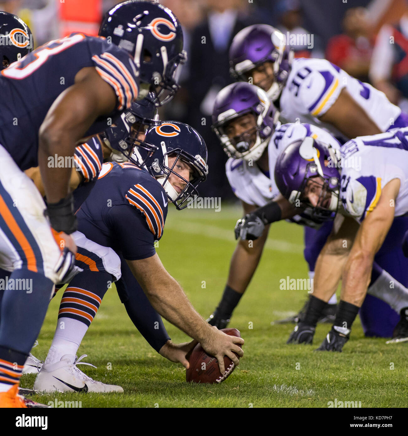 Chicago, Illinois, USA. 09th Oct, 2017. - Bears #49 Andrew DePaola readies to snap the ball during the NFL Game between the Minnesota Vikings and Chicago Bears at Soldier Field in Chicago, IL. Photographer: Mike Wulf Credit: csm/Alamy Live News Stock Photo