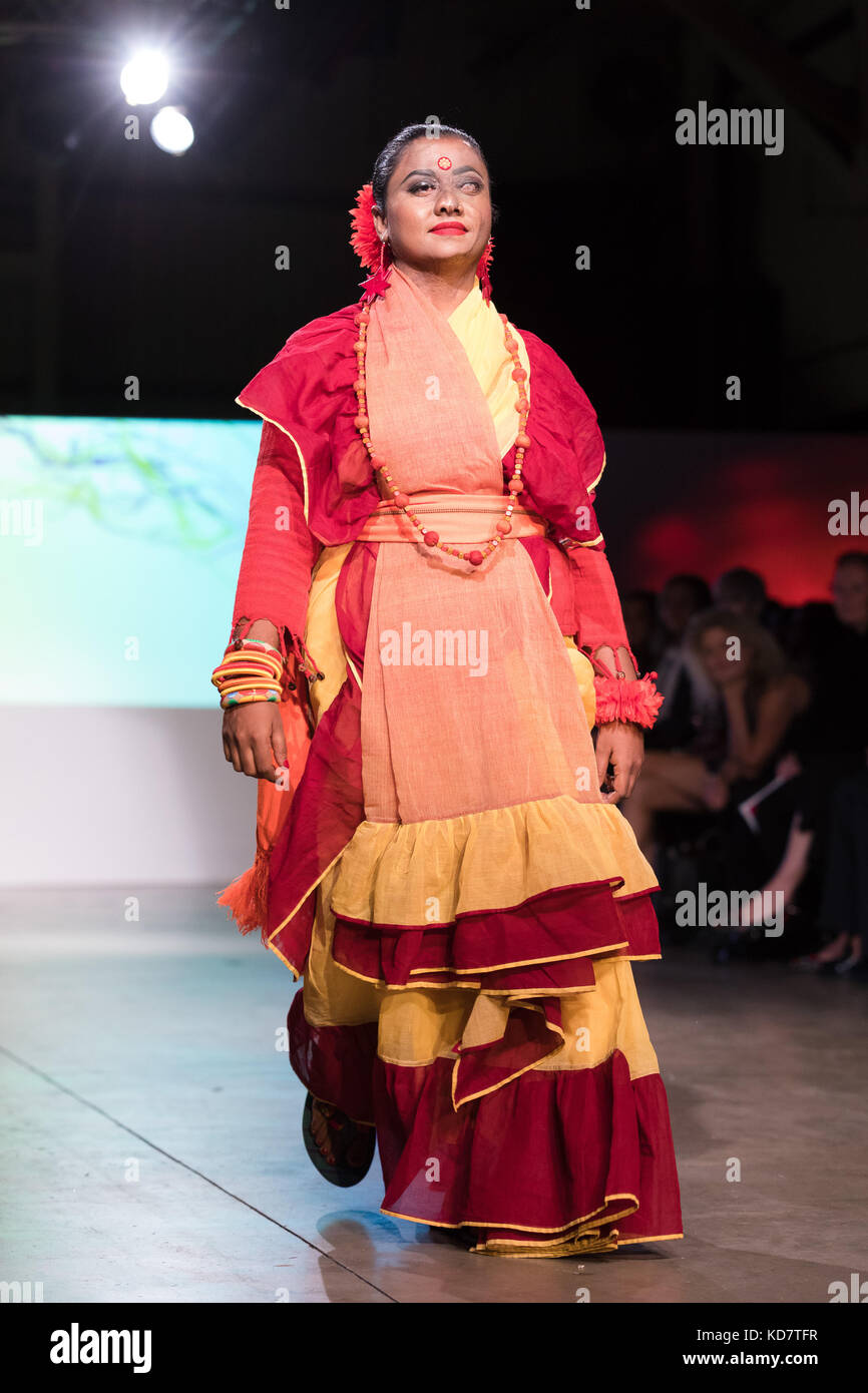 London, UK. 10th Oct, 2017. Victims of acid attacks from Bangladesh  showcase fashion by fashion designer and former international model, Bibi  Russell on the catwalk at the ActionAid Survivor's Runway Fashion Show