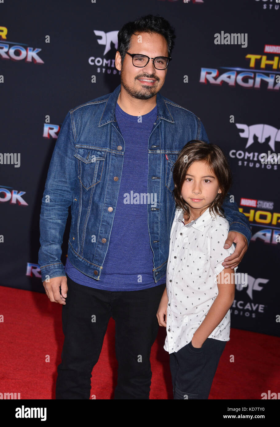 Los Angeles, USA. 10th Oct, 2017. Michael Pena and kid arriving at the Thor  Ragnarok Premiere