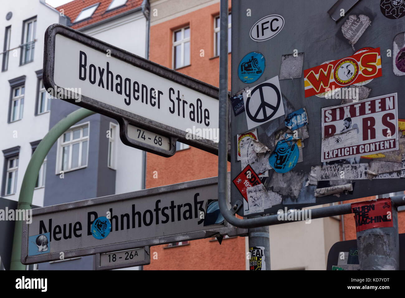 Street signs in Friedrichshain in Berlin, Germany Stock Photo