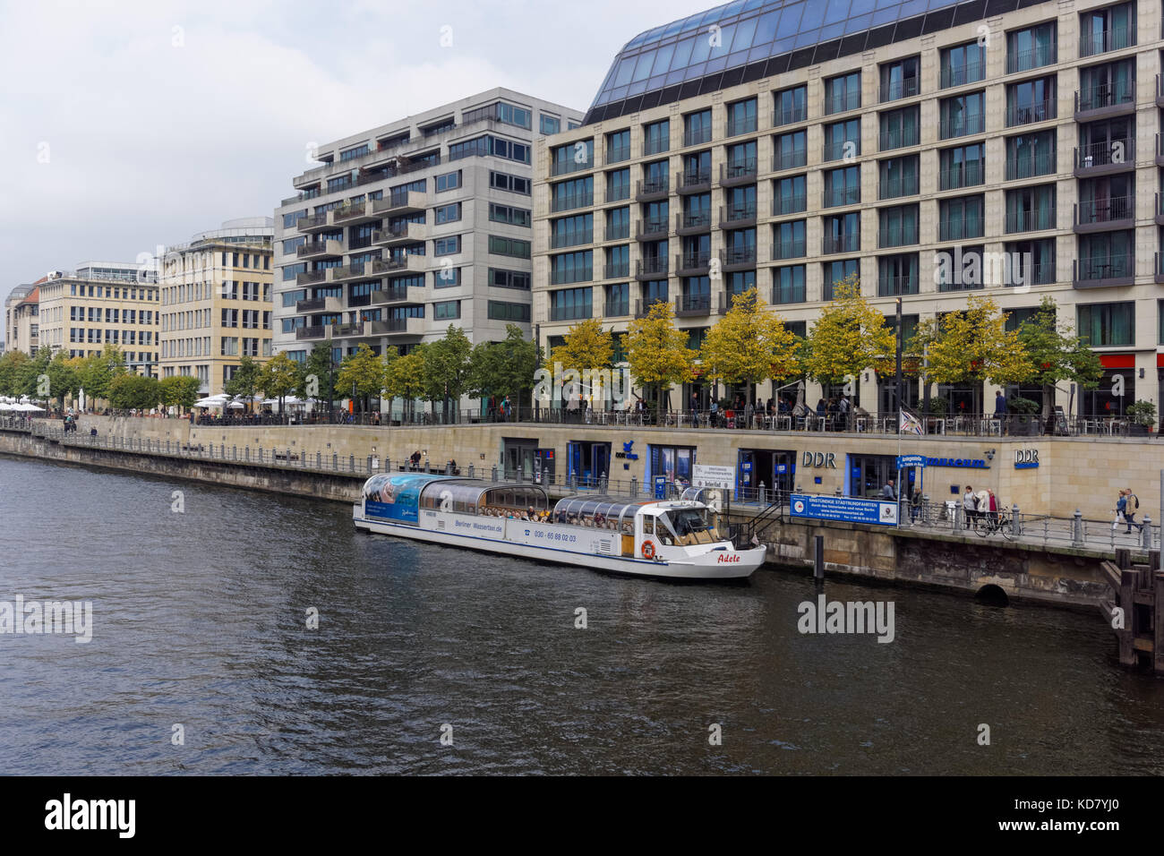 Cruise boat on the River Spree near DDR Museum in Berlin, Germany Stock Photo
