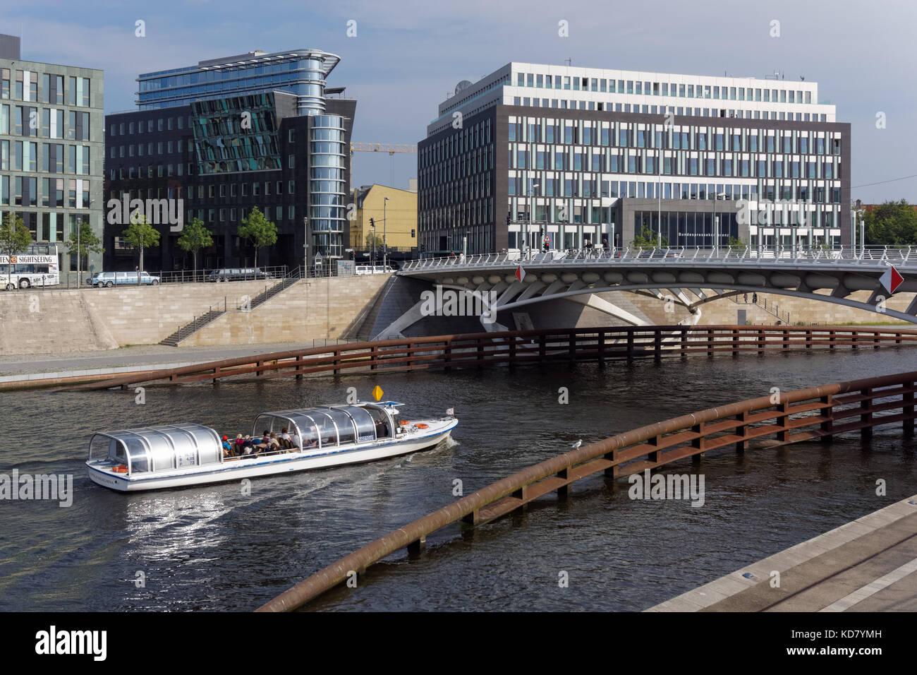 Cruise boat on the River Spree near the Crown Prince Bridge in Berlin ...