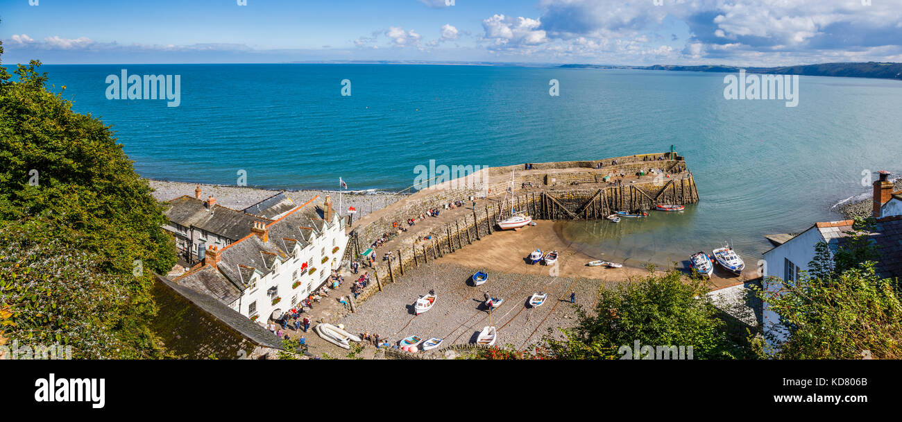 The historic harbour at Clovelly, a small heritage village in north Devon, a tourist attraction famous for its steep cobbled main street and sea views Stock Photo