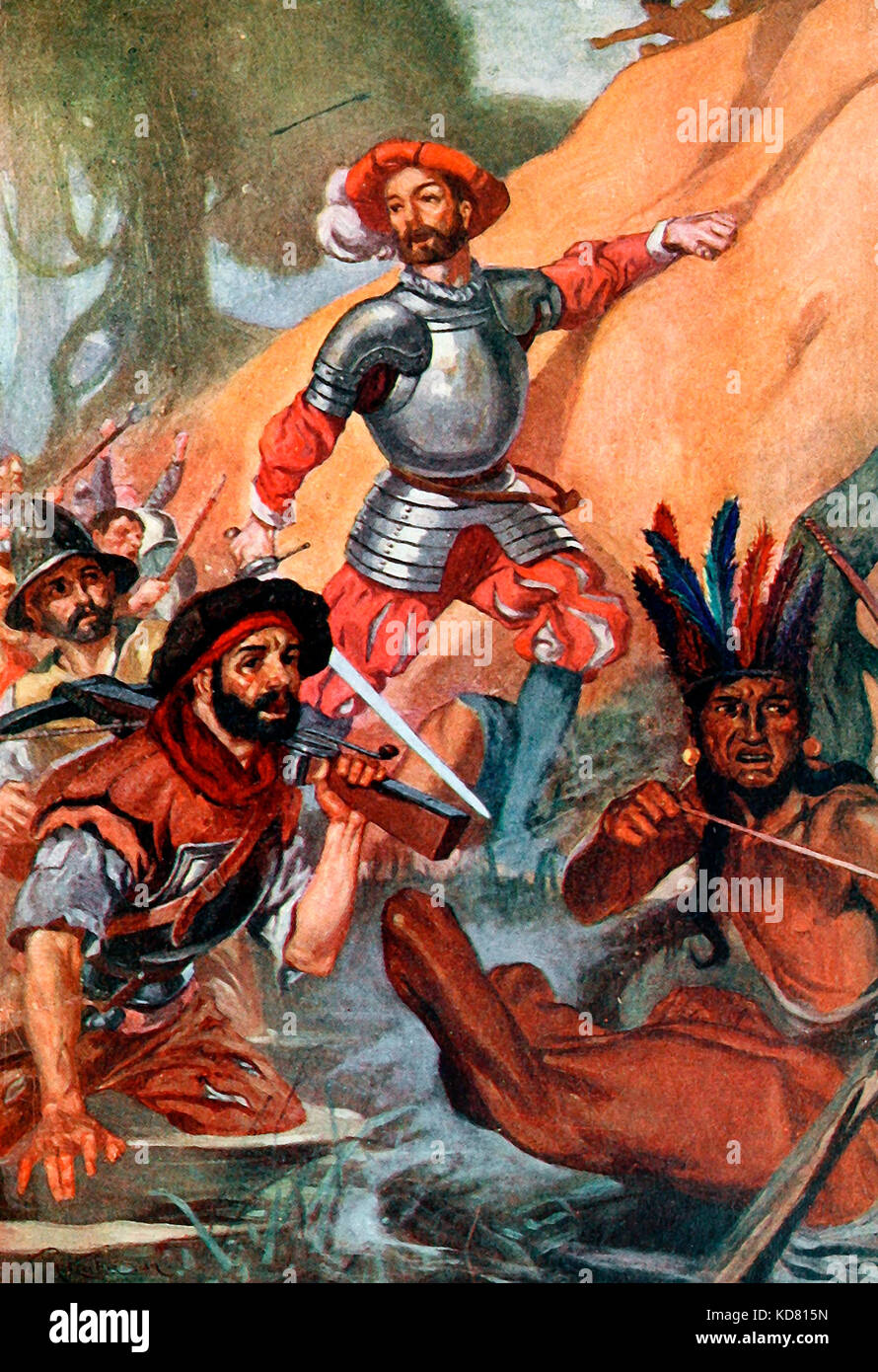 The Conquistadors fighting the Aztecs Stock Photo