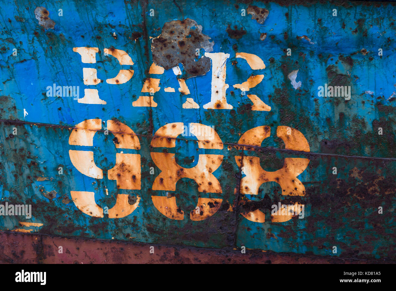 Rusty metal fishing boat hull Stock Photo