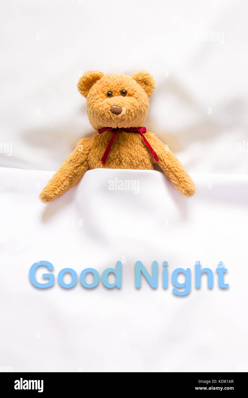 Teddy Bear lying in the white bed with message 