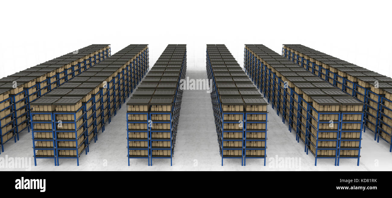 3d rendering racks full of carton boxes in warehouse Stock Photo - Alamy