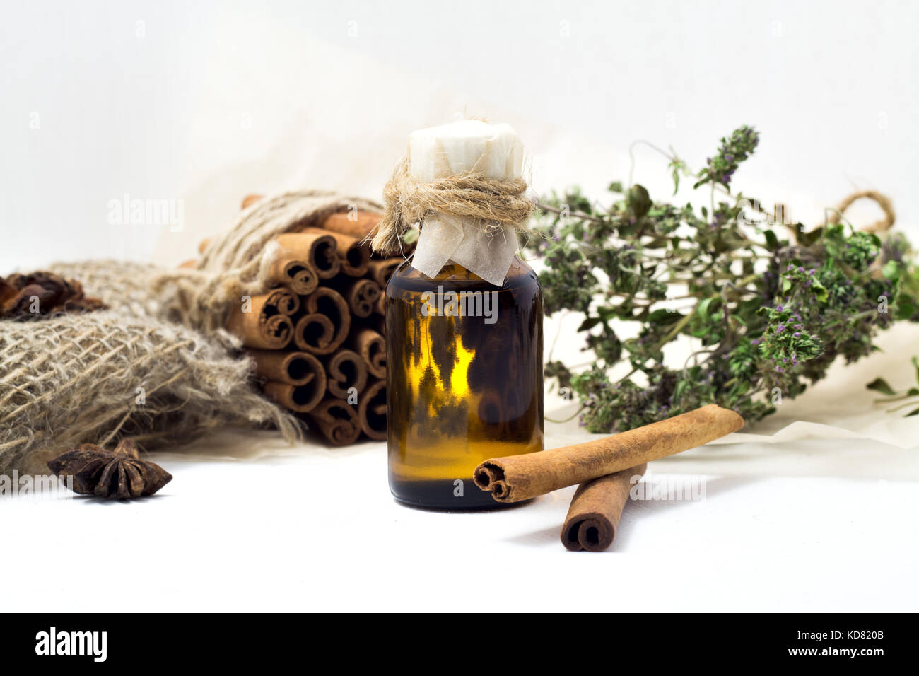 Organic essential thyme oil with green leaves Stock Photo Alamy