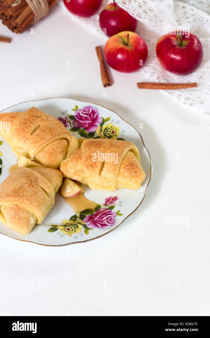 Homemade breads or bun on wood background, croissant puff cinnamon, breakfast food Stock Photo