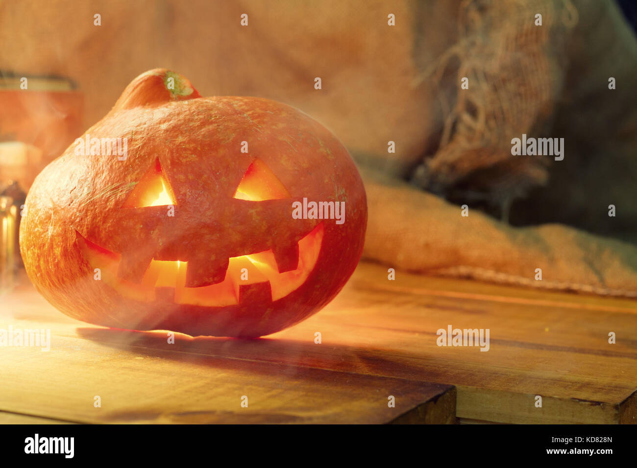 Halloween pumpkin head jack lantern on wooden background Stock Photo ...