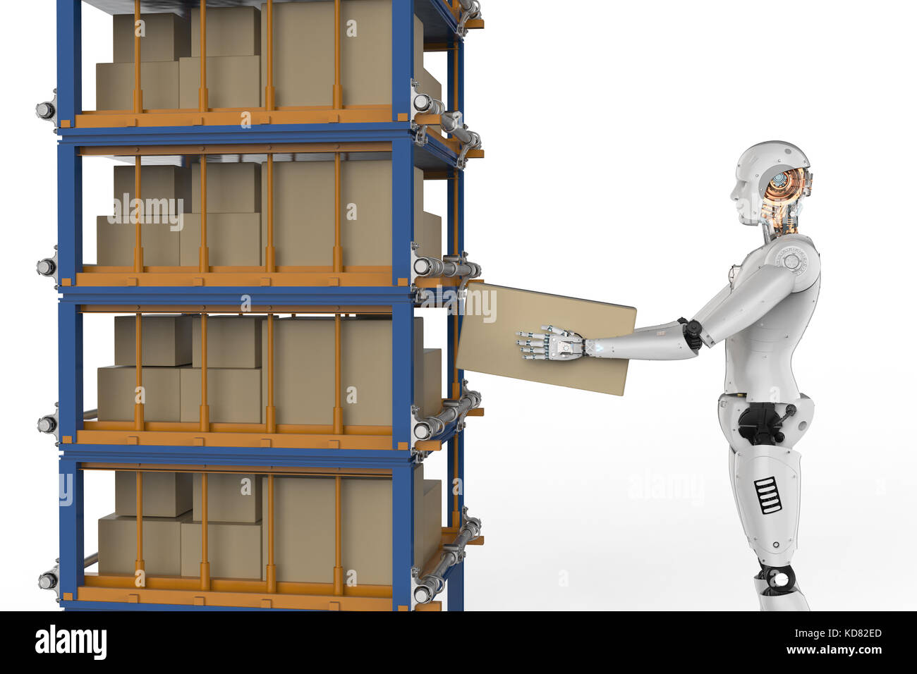 3d rendering humanoid robots carry boxes in warehouse Stock Photo - Alamy