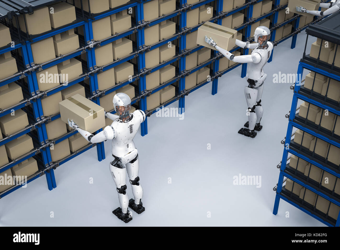 3d rendering humanoid robots carry boxes in warehouse Stock Photo - Alamy