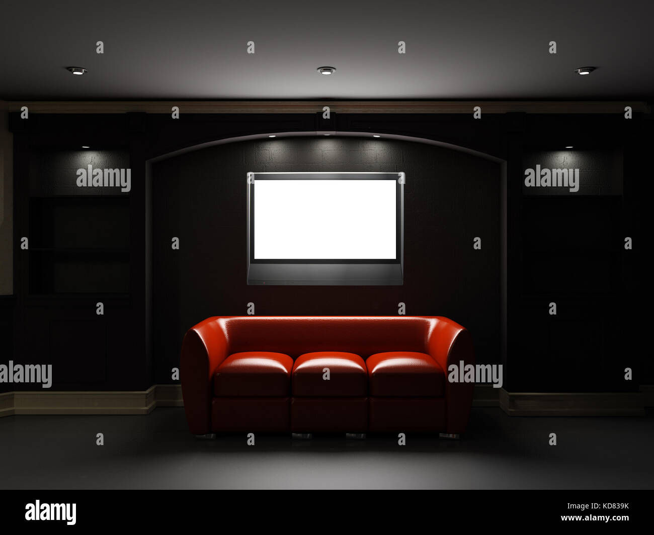 Red leather divan with LCD tv in dark room Stock Photo Alamy