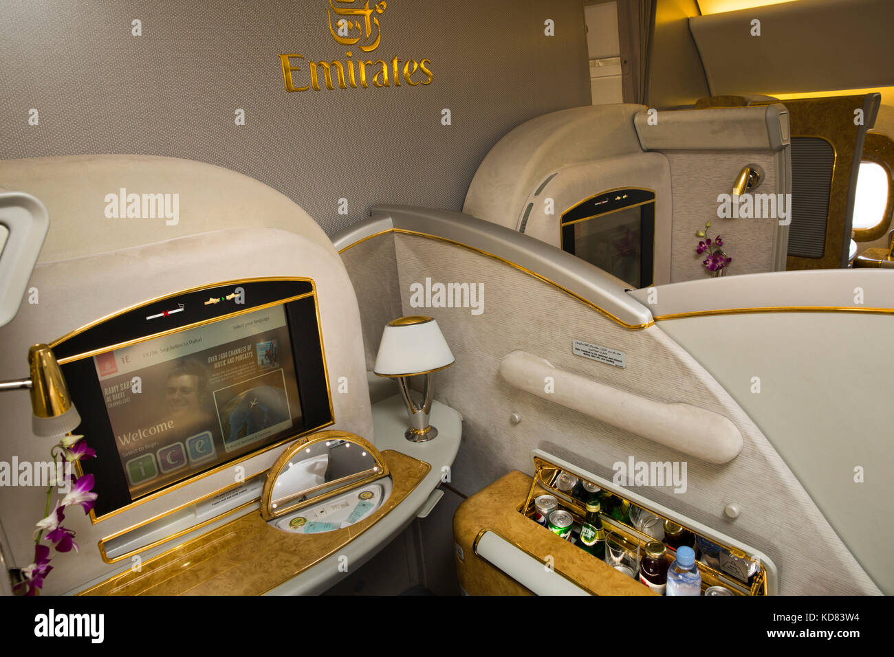 Air Travel Emirates Airline, Boeing 777-300 ER aircraft, First Class cabin suites Stock Photo