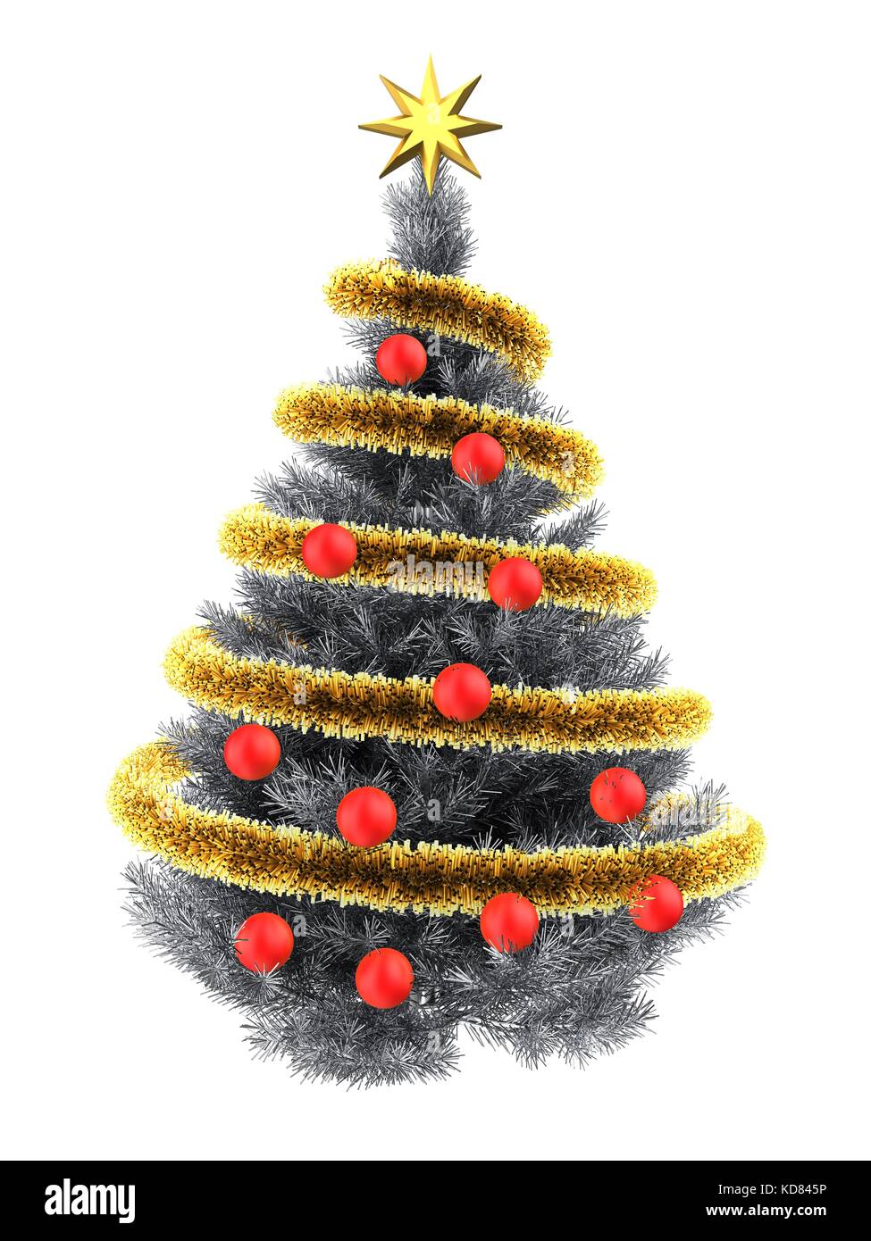 3d illustration of metallic Christmas tree over white with red balls ...