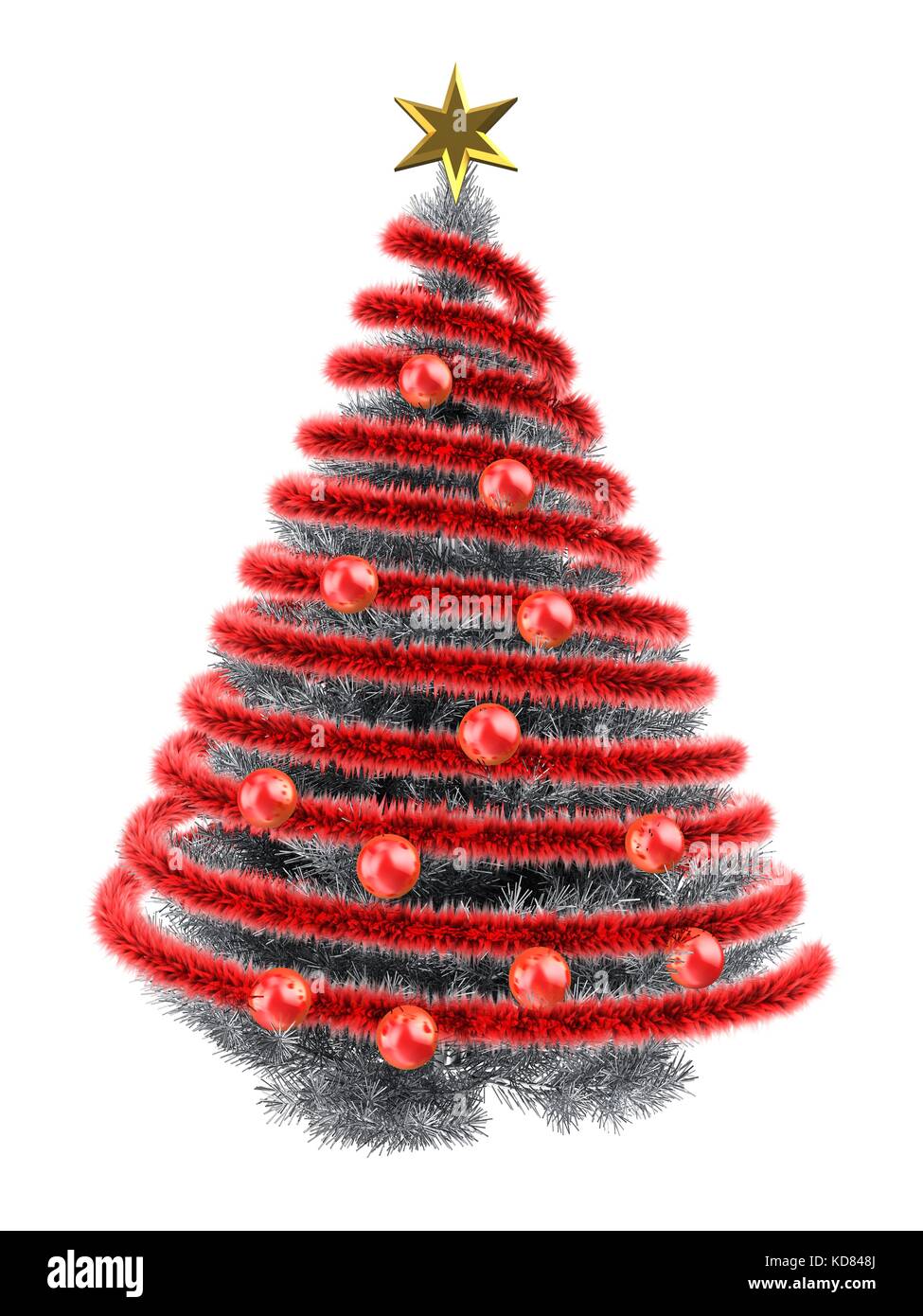 3d illustration of metallic Christmas tree over white with red balls ...