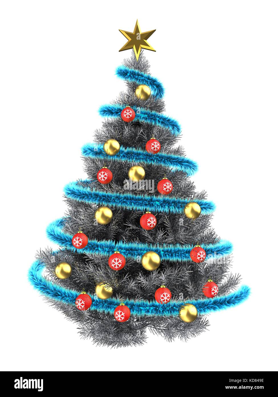 3d illustration of metallic Christmas tree over white with golden balls ...