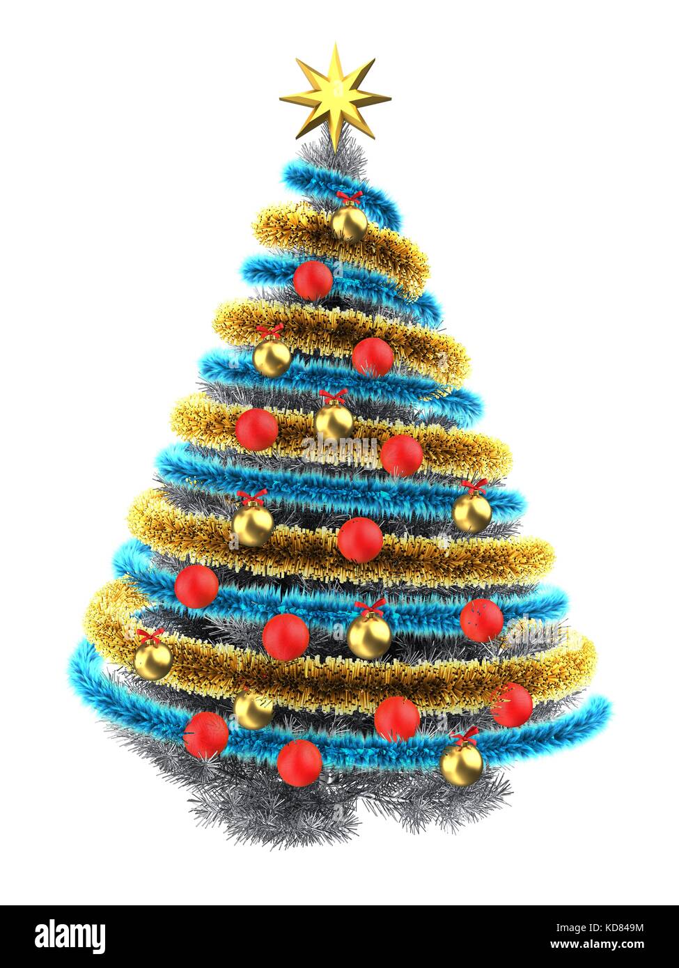 3d illustration of metallic Christmas tree over white with red balls ...