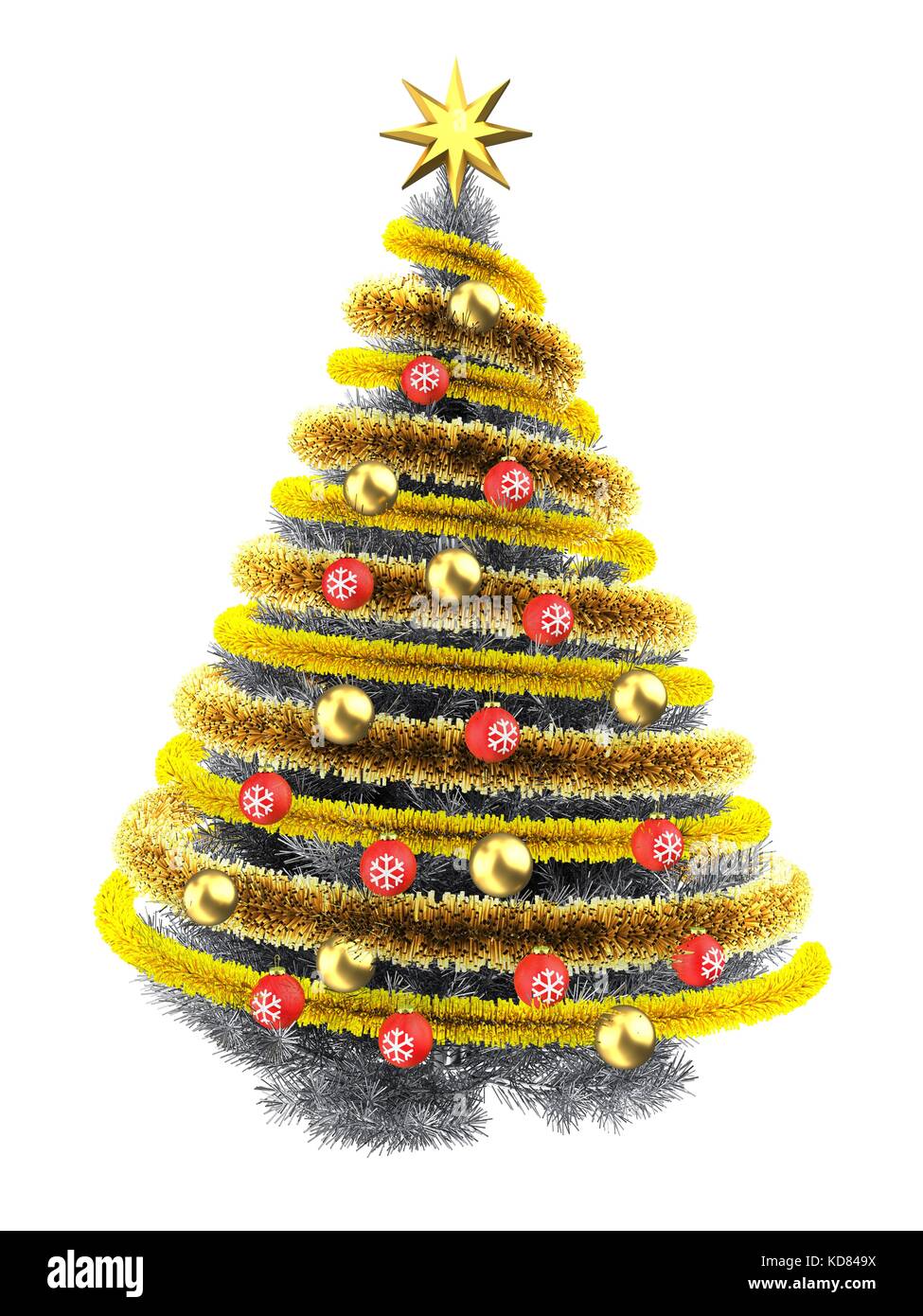 3d illustration of metallic Christmas tree over white with red balls ...