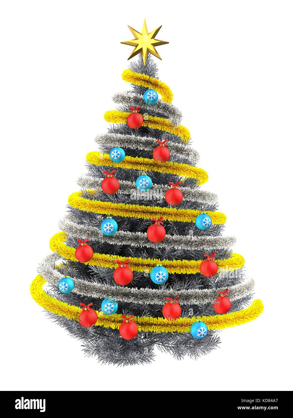 3d illustration of metallic Christmas tree over white with red balls ...