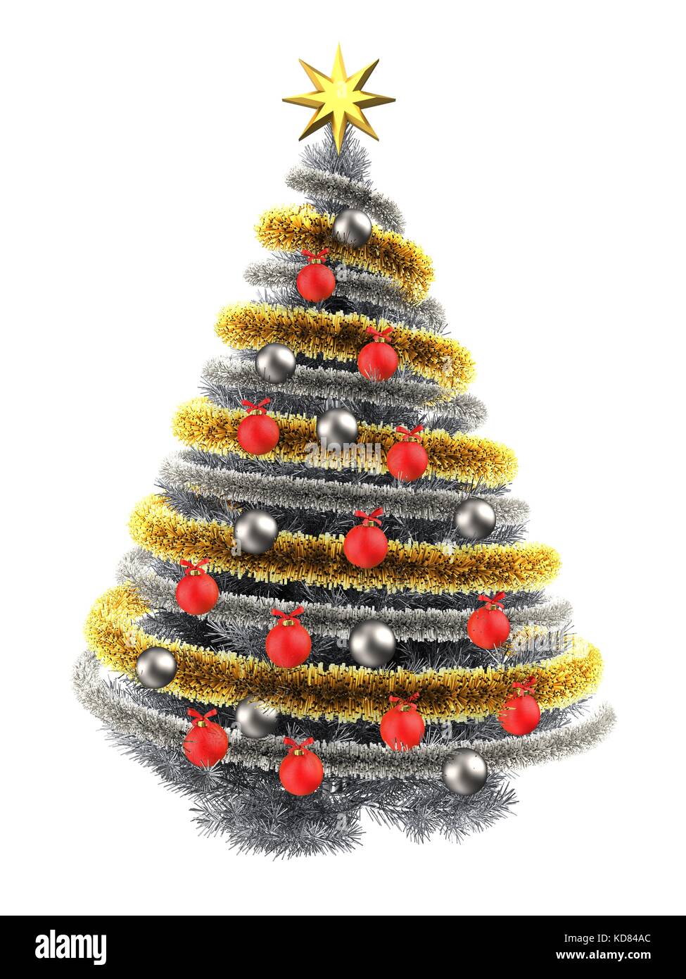 3d illustration of metallic Christmas tree over white with red balls ...