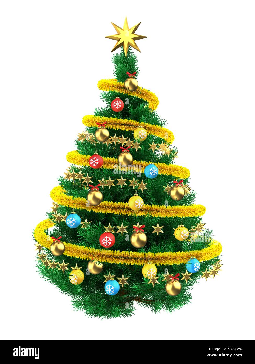 3d illustration of Christmas tree over white with colorful balls and ...