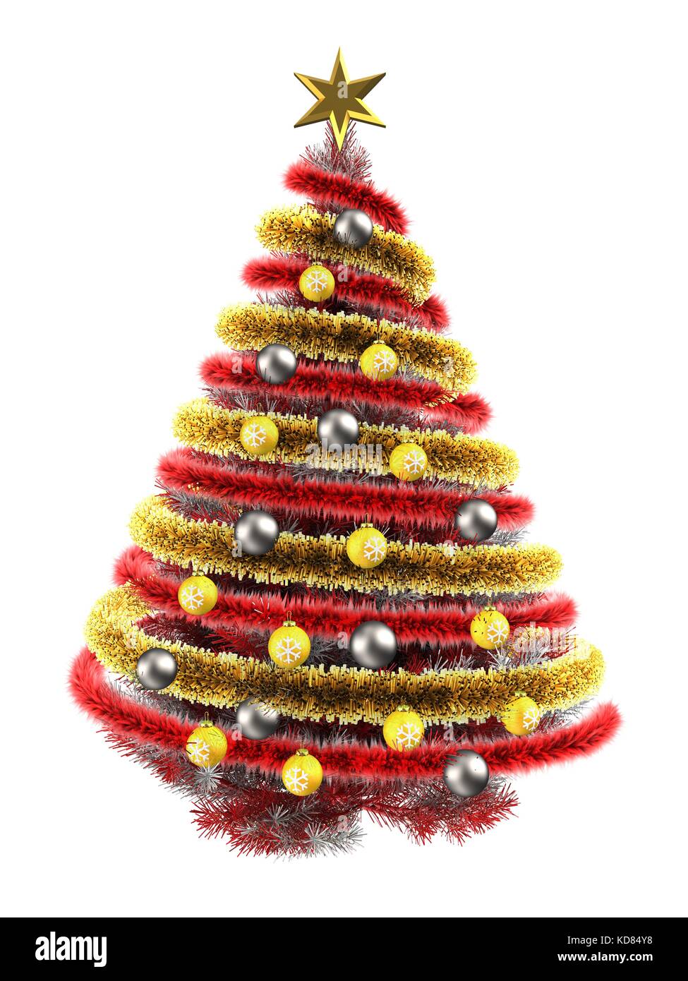 3d illustration of red Christmas tree over white with yellow balls and ...