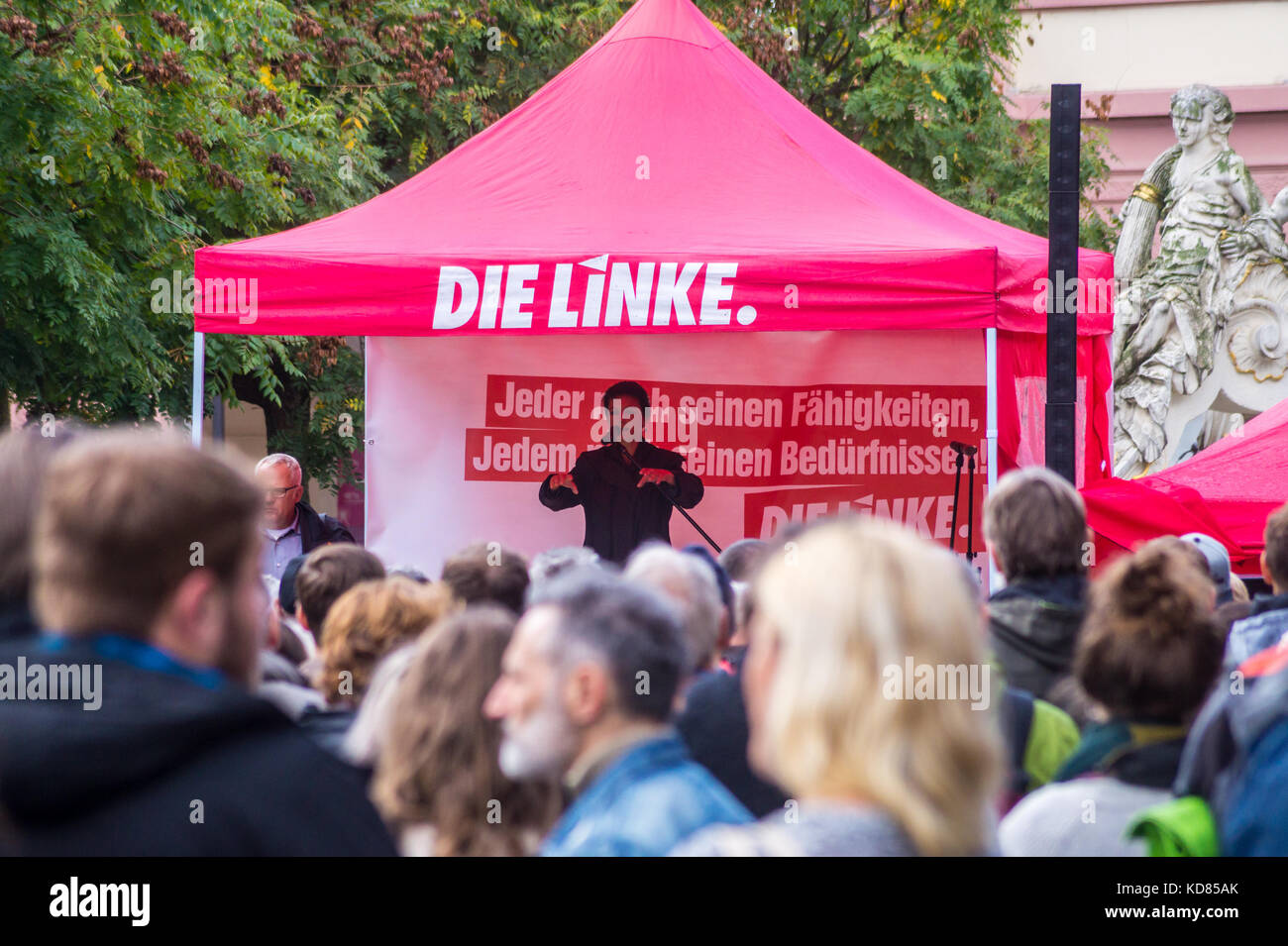 Sahra Wagenknecht, Dei Linke leftist candidate, speaking at a political rally, Kornmarkt, Trier, Rheinland-Pfalz, Germany Stock Photo