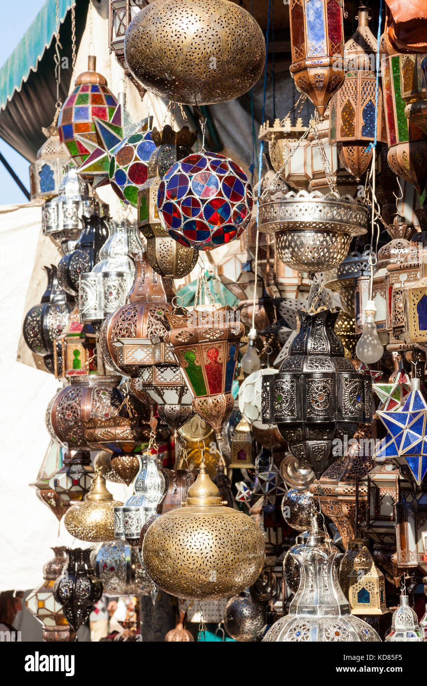 Traditionally crafted ornate moroccan lampshades at Marrakesh market stand Stock Photo