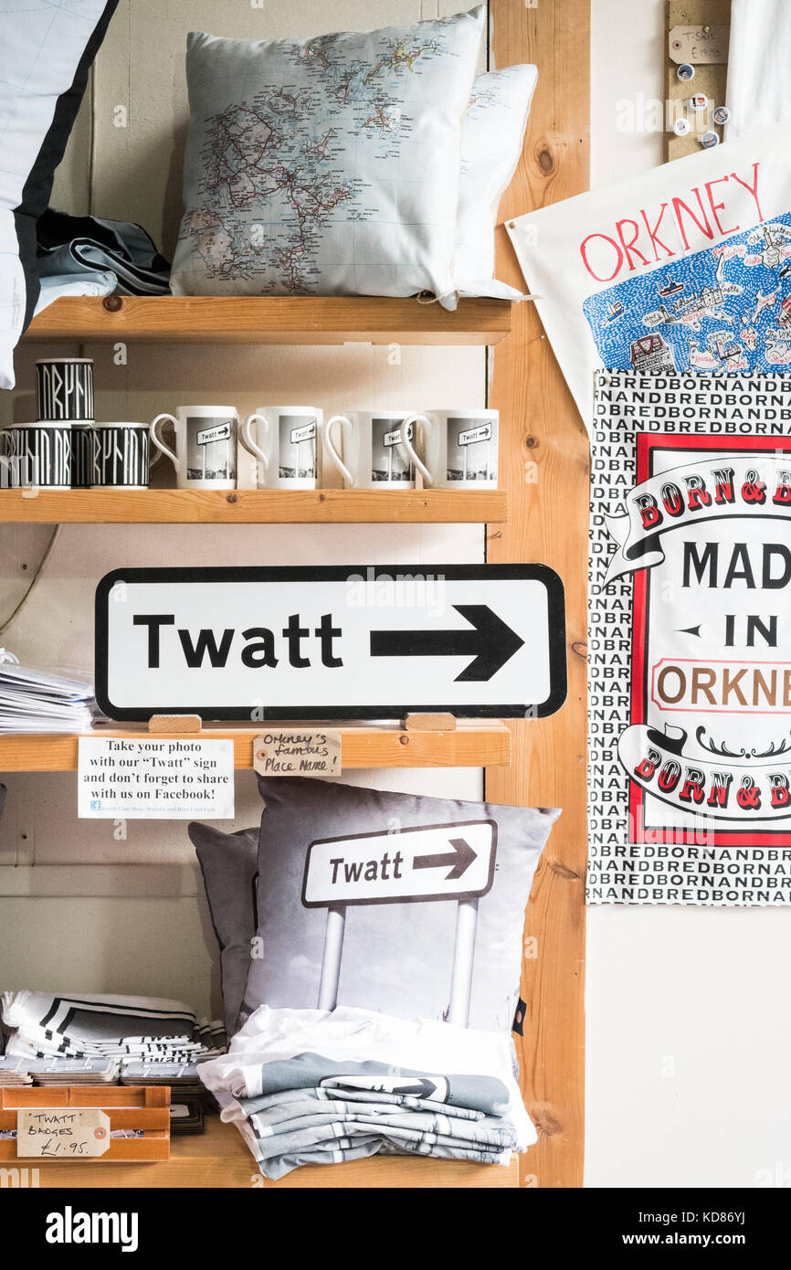 Twatt place name sign souvenirs, Judith Glue shop, Kirkwall, Orkney, Scotland, UK Stock Photo