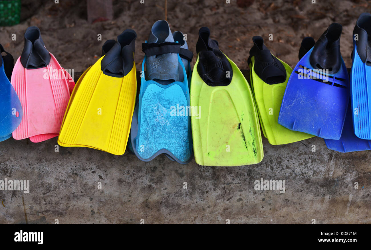 Multi-colored diving flippers in a row Stock Photo